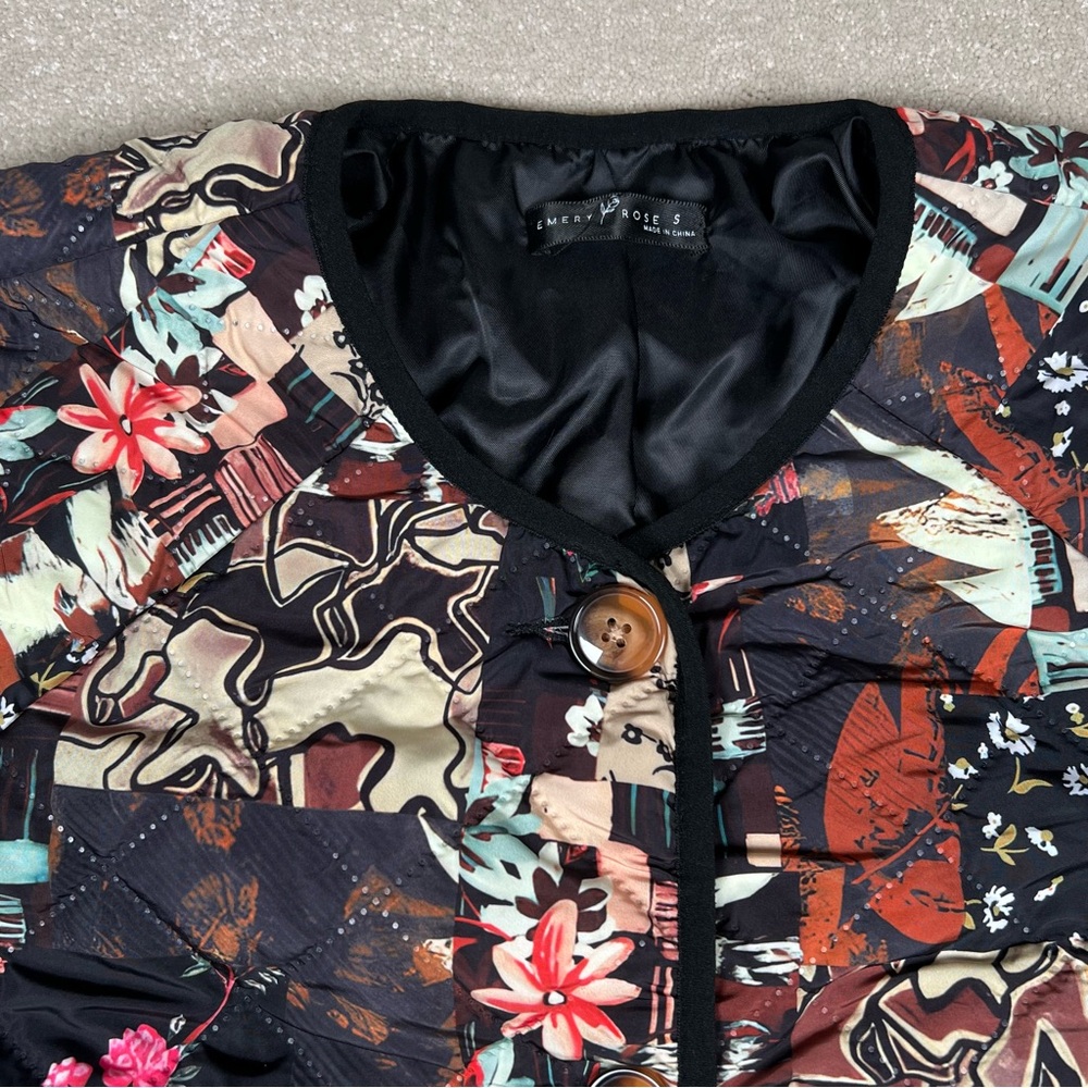 Quilted Patchwork Jacket Pattern Polyester Button Front Emery Rose Women's small - Picture 2 of 12